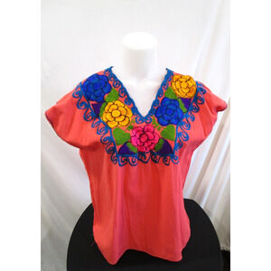 Coral Pink Mexican Floral Embroidered Top Women Sz XL